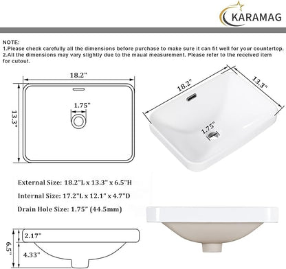 Bathroom Vessel Sink 18.2'' x 13.3'' Semi Recessed Bathroom Sink Rectangular Drop-in Vanity Sink with Overflow White Ceramic Modern Art Basin