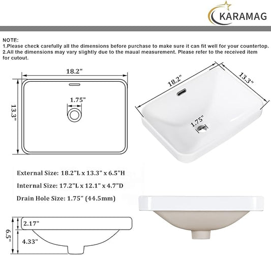 Bathroom Vessel Sink 18.2'' x 13.3'' Semi Recessed Bathroom Sink Rectangular Drop-in Vanity Sink with Overflow White Ceramic Modern Art Basin