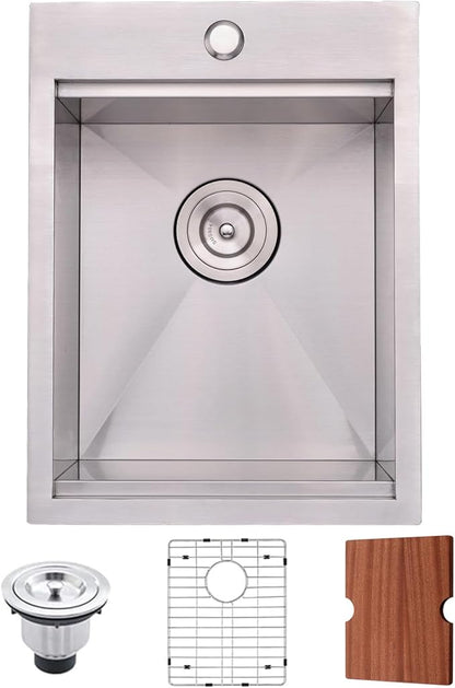 KINGO HOME Drop in Bar Sink, 15 x 20 Inch Single Bowl Small Kitchen Sink,304 Stainless Steel Topmount Wet Bar Sink Prep Sink With Grid&Drainer&Cutting Board