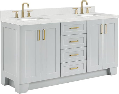 ARIEL Taylor 66-inch Bathroom Vanity with Sink,Solid Wood, 1.5-inch Carrara White Quartz Countertop & Backsplash, Double Rectangular Porcelain Sink, 4 Soft Closing Doors, 5 Dovetail Drawers, Grey