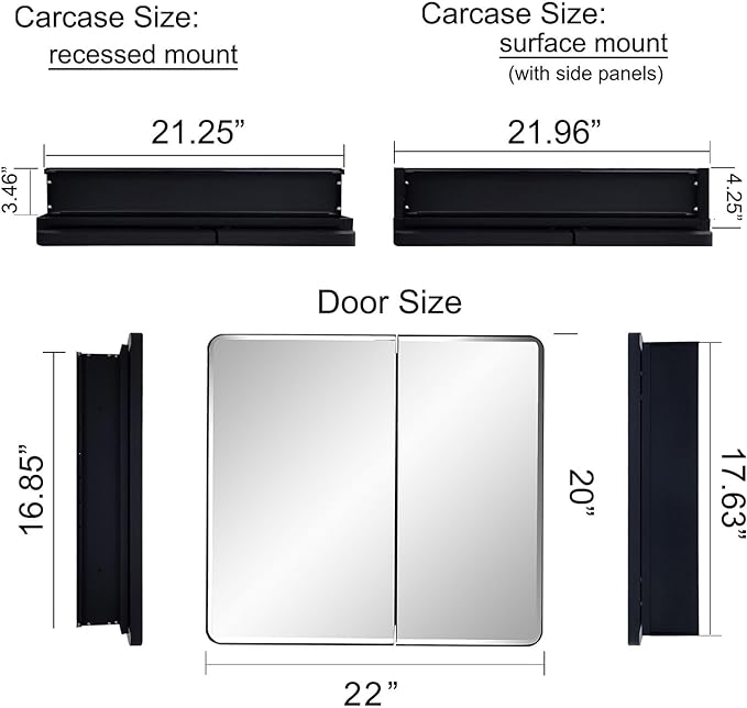 Black Bathroom Medicine Cabinet with Round Corner Framed Door and Beveled Edge Mirror 22 x 20 inch, Recessed or Surface Mount, with Adjustable Glass Shelves