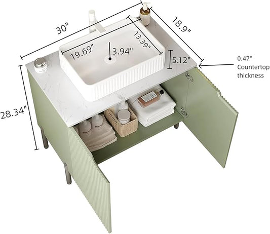30" Bathroom Vanity with Sink, Small Bathroom Vanity with Durable Ceramic Basin and Sintered Stone Countertop and Soft Closing, Freestanding Bathroom Vanities, Soft Green