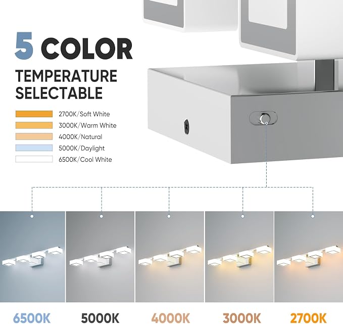 LED Modern Bathroom Light Fixtures Over Mirror, 4-Light Dimmable Vanity Lights, Chrome Acrylic Bathroom Vanity Light, 2700K-6500K Adjustable, ETL Certificated