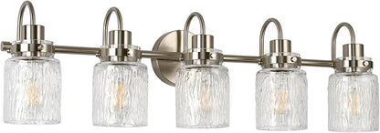 5 Lights Bathroom Vanity Light, Brushed Nickel Bathroom Light Fixtures with Hammered Glass Lampshade for Dressing Table,Over Mirror,Hallway