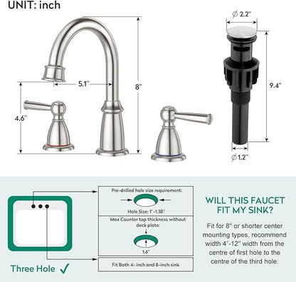 CREA 2 Handles Bathroom Faucet 3 Hole,8 Inch Widespread Bathroom Faucets with Pop Up Drain for Sink Overflow,3 Pieces Brushed Nickel Faucet for Bathroom Vanity Basin Mixer Tap(cPUC Supply Line)