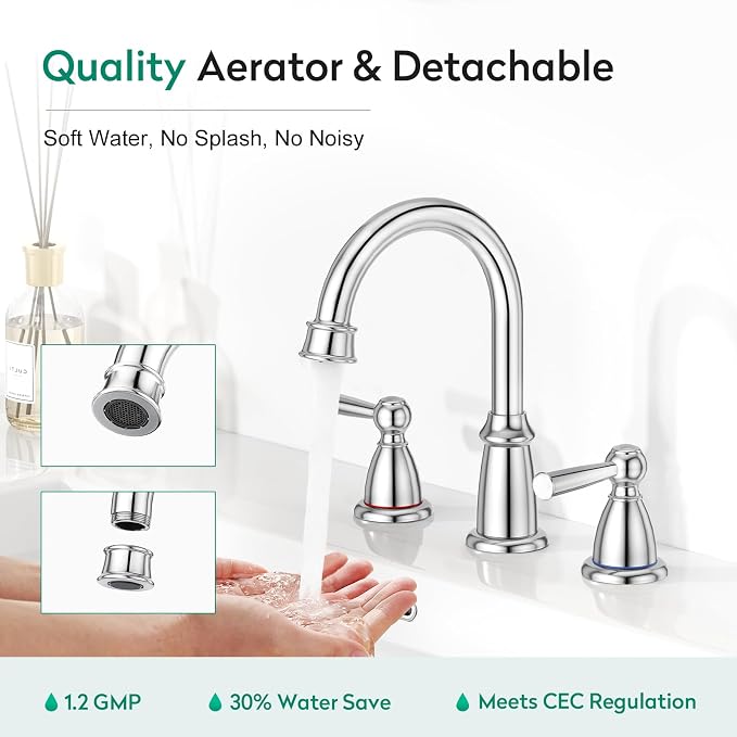 CREA 2 Handles 8 Inch Bathroom Faucet for Sink 3 Hole,360°Swivel Chrome Widespread Bathroom Faucets with Drain,3 Pieces Faucet for Vanity Restroom(cPUC Supply Line)
