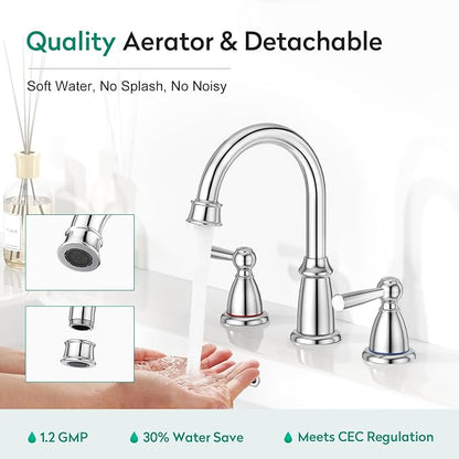 CREA 2 Handles 8 Inch Bathroom Faucet for Sink 3 Hole,360°Swivel Chrome Widespread Bathroom Faucets with Drain,3 Pieces Faucet for Vanity Restroom(cPUC Supply Line)