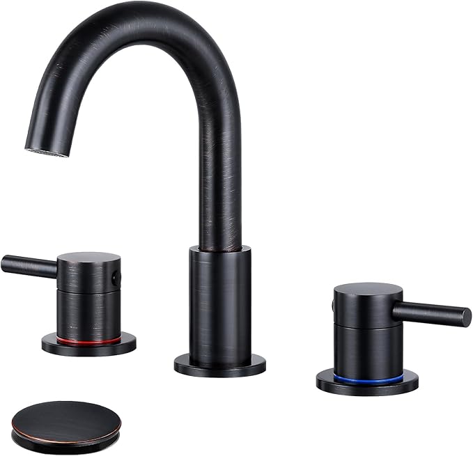 FGKQ Oil Rubbed Bronze Bathroom Faucet for Sink 3 Hole, Bathroom Sink Faucet with Pop Up Drain, 8 Inch Widespread Vanity Faucet 3 Hole, 360° Swivel Two Handle with Supply Lines