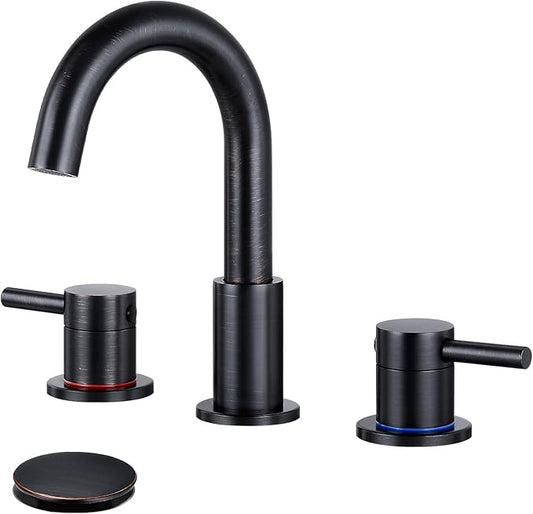 FGKQ Oil Rubbed Bronze Bathroom Faucet for Sink 3 Hole, Bathroom Sink Faucet with Pop Up Drain, 8 Inch Widespread Vanity Faucet 3 Hole, 360° Swivel Two Handle with Supply Lines