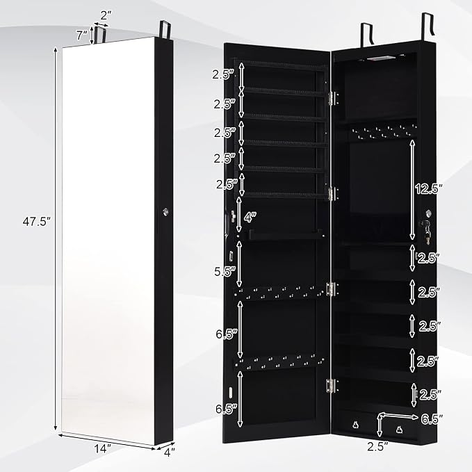 COSTWAY Wall Mounted Jewelry Armoire with Full Length Mirror & 2 LED Lights, Large Storage Capacity, Lockable Mirror Jewelry Cabinet for Women Girls (Black)