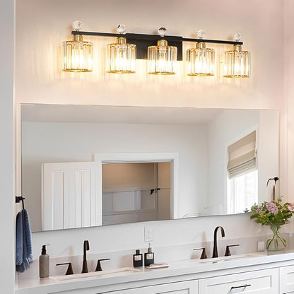 5 Light Black and Gold Vanity Light, Modern Crystal Bathroom Vanity Lighting Fixtures, Bath Wall Mount Lights with Clear Crystal Glass Shade, Wall Sconce Light for Mirror Bedroom Living Room, E26 Base