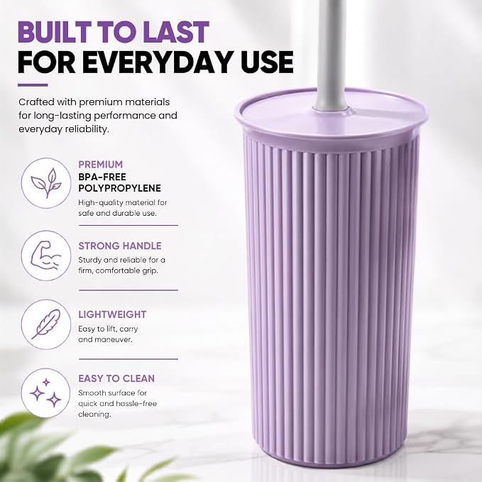 Superio Ribbed Collection Toilet Bowl Brush and Holder Set, Decorative Plastic Bathroom Toilet Brush with Holder, Toilet Cleaner Scrubber, Lilac - 1 Pack