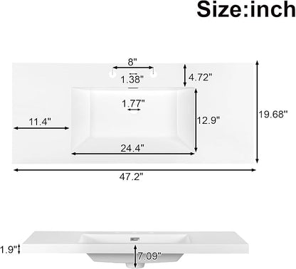 47.2" Bathroom Vanity with 6 Drawers & Resin Sink, Black | 47.2" bathroom vanity with 6 drawers, soft-close doors, SMC resin sink, adjustable shelf and modern design