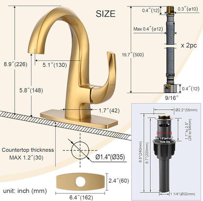 WOWOW Single Handle Bathroom Faucet 1 Hole High Arc Bathroom Basin Faucet Gold with Pop Up Drain, Solid Brass Commercial Bathroom Sink Faucet Basin Vanity Bar Faucet (Patented Product)