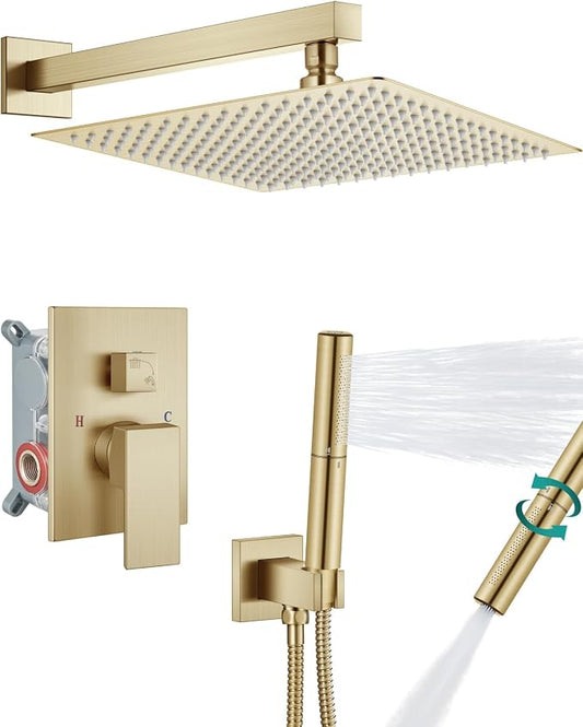 Aolemi Shower System with Rain Head and Handheld,16-Inch,Brushed Gold | High-Pressure Shower Faucet Set with Dual-Function Handheld,Rough-In Valve,1.8 GPM,Wall-Mount Trim Kit