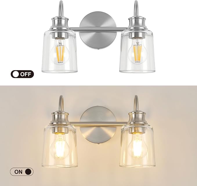 2 Lights Bathroom Light Fixtures Brushed Nickel Vanity Lights | ETL Certificate, Easy to Install,Wall Mount Up or Down,Thickened Glass Lampshade,E26 Socket,Hardwired