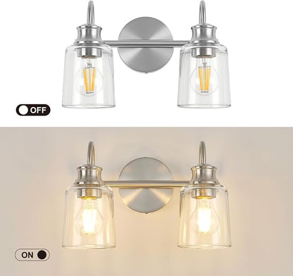 2 Lights Bathroom Light Fixtures Brushed Nickel Vanity Lights | ETL Certificate, Easy to Install,Wall Mount Up or Down,Thickened Glass Lampshade,E26 Socket,Hardwired