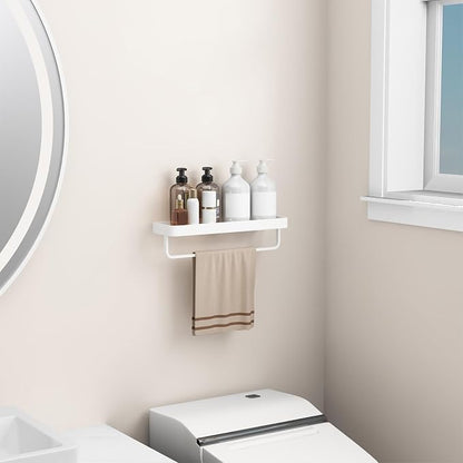 16 Inch Long Floating Bathroom Shelf with Towel Bar, Clear Tempered Glass Wall Shelf with Hand Towel Holder for Bathroom Storage Organizer, Matte White