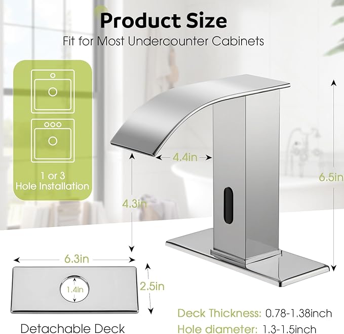 Automatic Motion Sensor Faucet with Waterfall Spout,Stainless Steel Sink Faucet with Hole Cover Plate (Regular, Chrome)