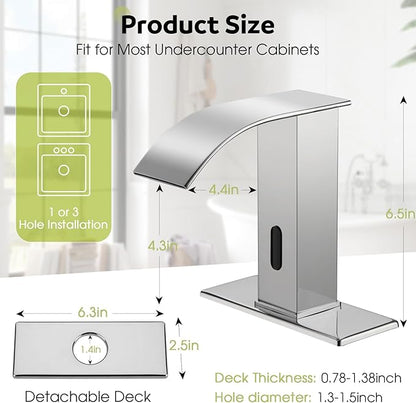 Automatic Motion Sensor Faucet with Waterfall Spout,Stainless Steel Sink Faucet with Hole Cover Plate (Regular, Chrome)