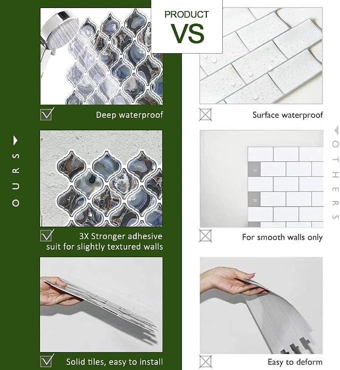 STICKGOO Arabesque Peel and Stick Backsplash, 12”X12” Backsplash Tile for Kitchen Peel and Stick, Self Adhesive Wall Tile Stick on Tiles (Thicker Design, Faux Blue Agate)