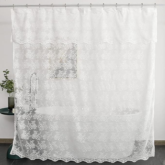 White Lace Shower Curtain 72x72, Vintage with Attached Valance, 1 Panel | Sheer White Shower Curtain with Floral Lace and Scalloped Trim Filters Soft Light for an Elegant Romantic Victorian Bathroom