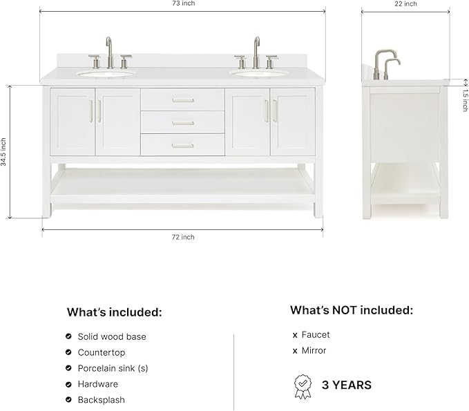 ARIEL Magnolia 72-inch Bathroom Vanity with Sink,Solid Wood, 1.5-inch Pure White Quartz Countertop & Backsplash, Double Rectangular Porcelain Sink, 4 Soft Closing Doors, 3 Dovetail Drawers, White