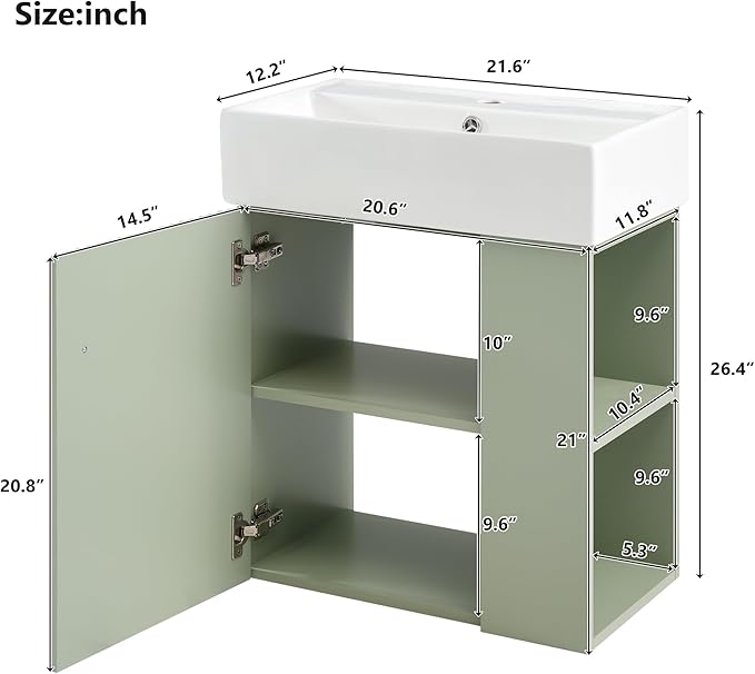 Harper & Bright Designs 21.6" Bathroom Vanity with Sink, Wall-Mounted Single Basin Vanity Set with Cabinet & Two-Tier Right Side Storage Shelf, Storage Cabinet with Ceramic Basin for Bathroomm, Green