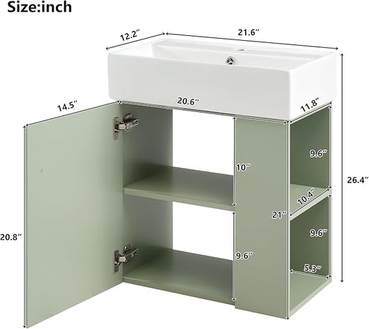 Harper & Bright Designs 21.6" Bathroom Vanity with Sink, Wall-Mounted Single Basin Vanity Set with Cabinet & Two-Tier Right Side Storage Shelf, Storage Cabinet with Ceramic Basin for Bathroomm, Green