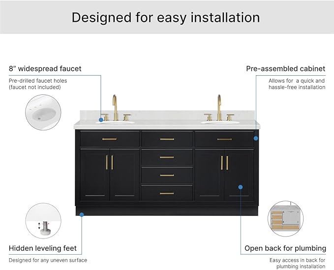 ARIEL Hepburn 72-inch Bathroom Vanity with Sink,Solid Wood, 1.5-inch Carrara White Quartz Countertop & Backsplash, Double Oval Porcelain Sink, 4 Soft Closing Doors, 6 Dovetail Drawers, Black