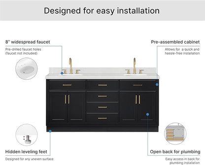 ARIEL Hepburn 72-inch Bathroom Vanity with Sink,Solid Wood, 1.5-inch Carrara White Quartz Countertop & Backsplash, Double Oval Porcelain Sink, 4 Soft Closing Doors, 6 Dovetail Drawers, Black
