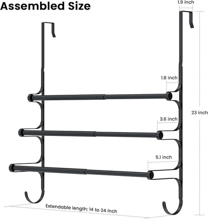 CANYAVE Over The Door Towel Rack, Extendable Triple Towel Storage Holder with Hooks, 24.02 Inches Towel Bar Hanger Towel Racks for Bathroom (Black)