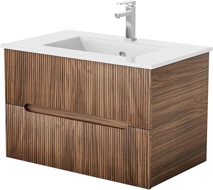 EROMMY 30 Inch Bathroom Vanity with Sink, Floating Bathroom Vanity with Ceramic Basin, Wall Mounted Bathroom Sink Cabinet Set with 2 Soft-Close Drawers, Faucet & Pop Up Drain, Walnut