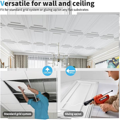 Art3d Drop Ceiling Tiles, 24x48in. White (12-Pack), Polyvinyl Chloride (PVC), Glue Down | Lightweight, Waterproof, No Sag and Breakage, Compatible with Grid System, Perfect for Basement, Kitchen