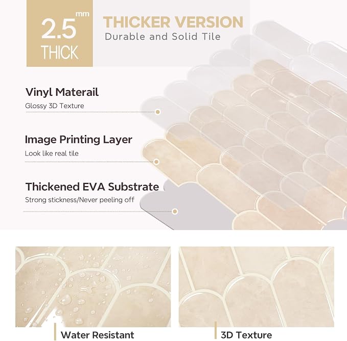 Vamos Tile Thicker Peel and Stick Backsplash Tile,Pinkish Beige,10-Sheet | Self Adhesive Vinyl Wall Tiles with Beige Grout, Stick on Backsplash for Kitchen, Bathroom,RV,Pantry,11.1''x12''
