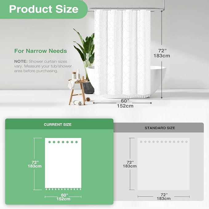 Stall Boho Farmhouse Shower Curtain Tufted Geometric 60"x72" White | 60 Inch Wide, Elegant Tassel, Lightweight Textured Fabric, Water Repellent, Washable, for Narrow Bathroom/Dorm 10 Hooks