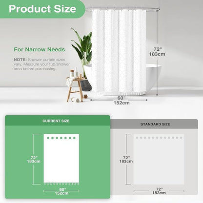 Stall Boho Farmhouse Shower Curtain Tufted Geometric 60"x72" White | 60 Inch Wide, Elegant Tassel, Lightweight Textured Fabric, Water Repellent, Washable, for Narrow Bathroom/Dorm 10 Hooks