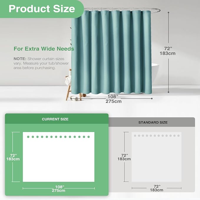 Extra Wide Waffle Shower Curtain 256 GSM 108"x72" Teal/Turquoise | 108 Inch Wide, Thick Cloth, Weighted Hem, Water Repellent, Hotel Luxury Polyester Shower Curtain Set for Bathroom 18 Hooks