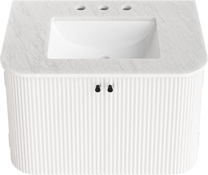 Modway Zia 30 Inch Wall-Mount Bathroom Vanity in Ivory with Marble Sink Basin - Floating Bathroom Cabinet with Fluted Design