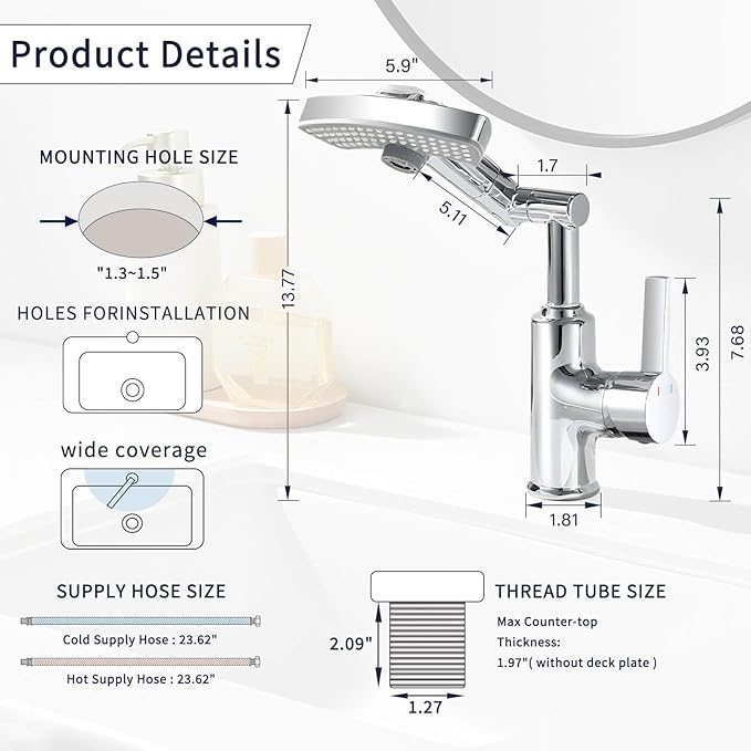 Rotatable Rain Faucet, Single Hole 360° Rotatable Bathroom Faucet, Single Handle Modern Bathroom Sink Faucet with LED Temperature Display(No Batteries) in Fahrenheit, 3 Water Modes-Chrome