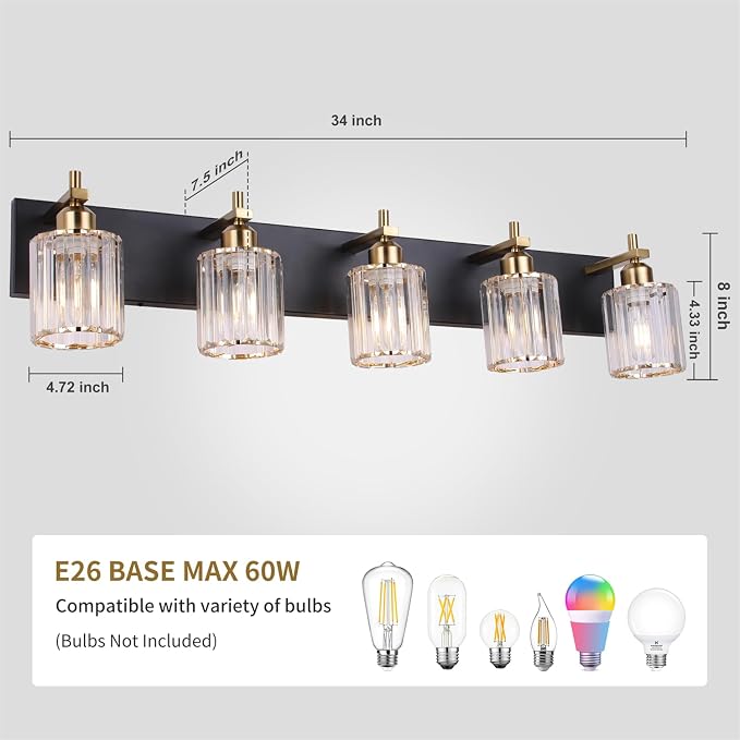 She's home 5-Light Vanity Lights for Bathroom: Black Gold Vanity Lights with Crystal Glass Shade, Modern Crystal Bathroom Light Fixtures Over Mirror, 34inch Black Gold Wall Sconce for Bath, E26 Base