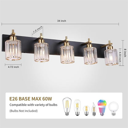 She's home 5-Light Vanity Lights for Bathroom: Black Gold Vanity Lights with Crystal Glass Shade, Modern Crystal Bathroom Light Fixtures Over Mirror, 34inch Black Gold Wall Sconce for Bath, E26 Base