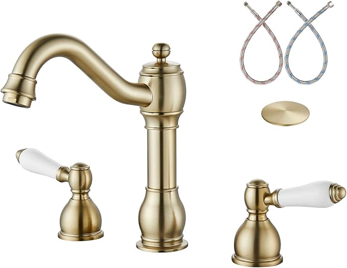 Aolemi 8 Inch Widespread Bathroom Sink Faucet 3 Hole Deck Mount Vanity Basin Mixer Tap with Pop Up Drain Assembly Brushed Gold Double Ceramic Handle