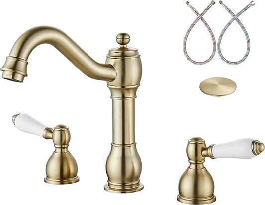 Aolemi 8 Inch Widespread Bathroom Sink Faucet 3 Hole Deck Mount Vanity Basin Mixer Tap with Pop Up Drain Assembly Brushed Gold Double Ceramic Handle