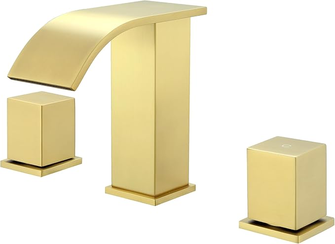 Bathroom Faucets 3 Hole, Brushed Gold 8 inch Widespread Bathroom Sink Faucet, Modern Square Metal 2 Handles Waterfall Bathroom Vanity Faucet 3 Hole with Pop Up Drain, Gold Faucets