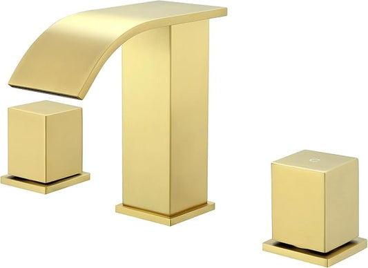 Bathroom Faucets 3 Hole, Brushed Gold 8 inch Widespread Bathroom Sink Faucet, Modern Square Metal 2 Handles Waterfall Bathroom Vanity Faucet 3 Hole with Pop Up Drain, Gold Faucets