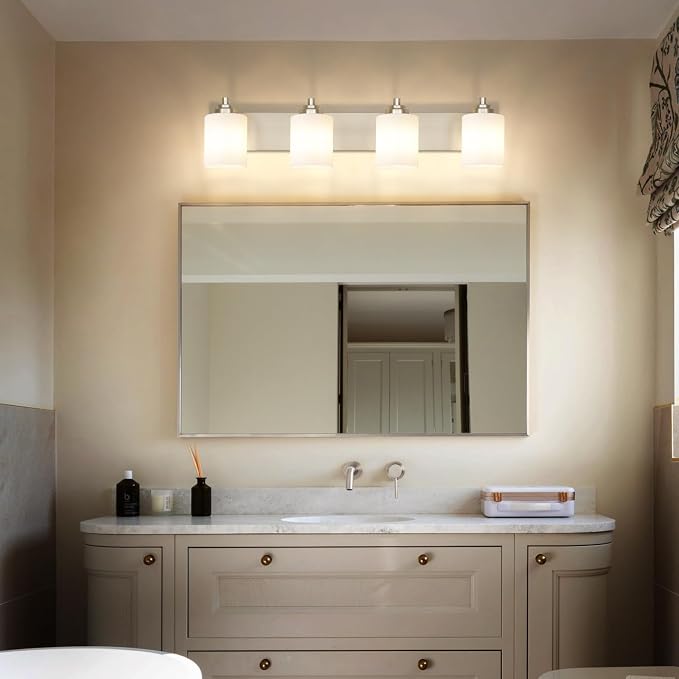 SOLFART Brushed Nickel Bathroom Vanity Light Vintage 4 Light Wall Light with Milky White Globes, 4 Lights Modern Over Mirror Lighting Fixture for Bathroom