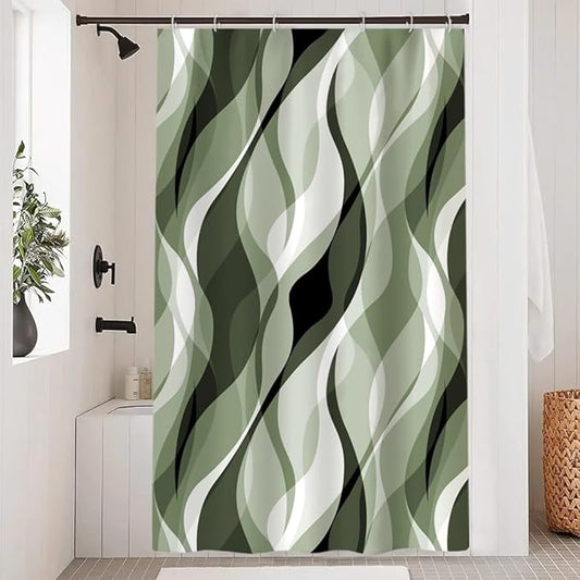 Sage Green Shower Curtain, Abstract Ombre Green and Grey Striped Shower Curtain Set for Bathroom Waterproof Polyester Shower Curtain with Hooks, 48x72 Inch