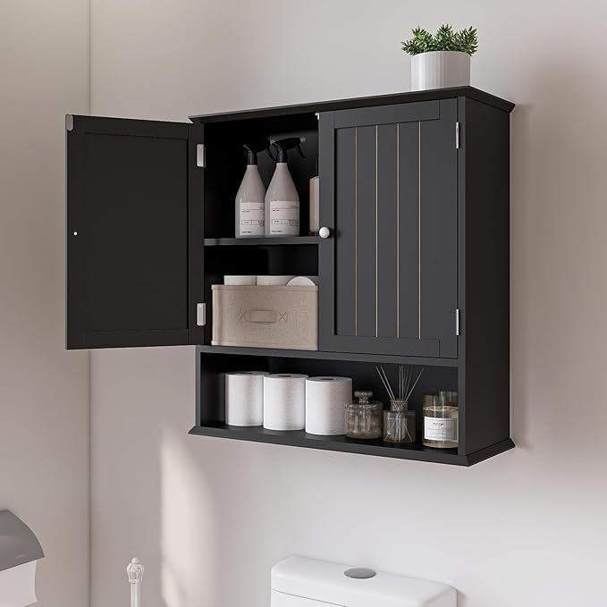 Wall Cabinet with 2 Doors & Open Shelf – Space Saving Medicine Cabinet, Wooden Wall Mounted Storage Cupboard for Bathroom Organization Black