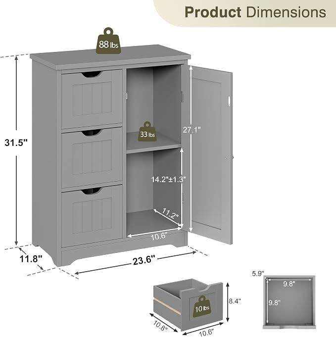 SUPER DEAL Bathroom Storage Cabinet with 3 Drawers and 1 Door, Entryway Home Decor Furniture Towels Storage Organizer Unit, Grey